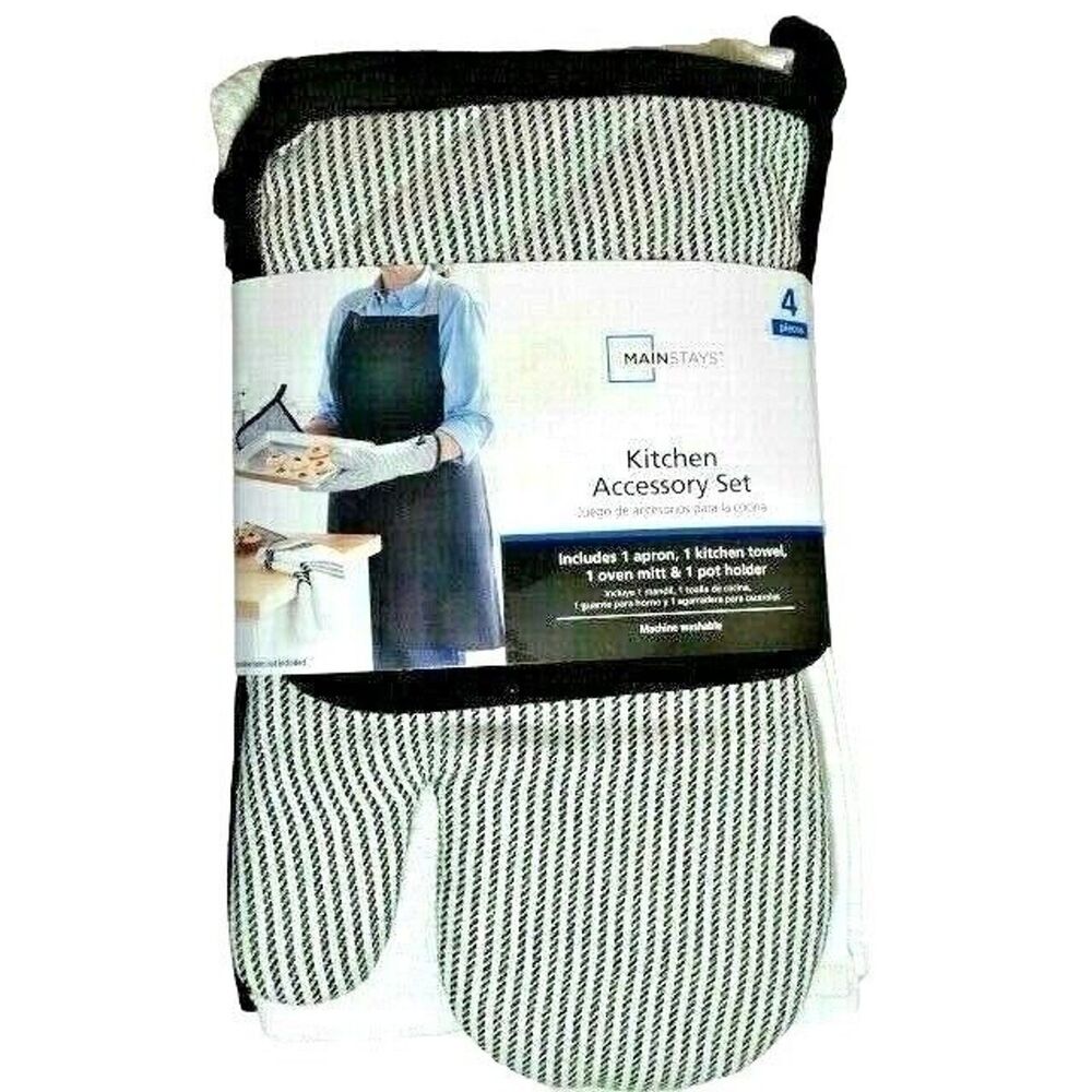 Kitchen Apron Towel Set Oven Mitt Potholder Black White Stripe Cotton 4-Pc NEW